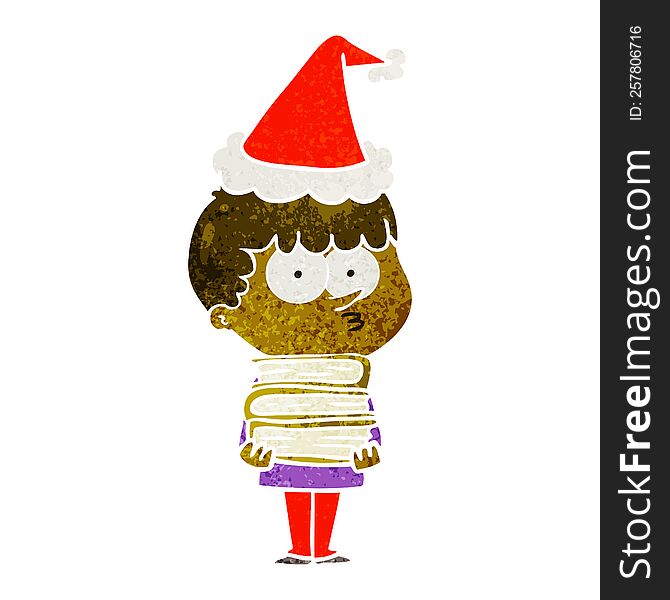retro cartoon of a curious boy with lots of books wearing santa hat
