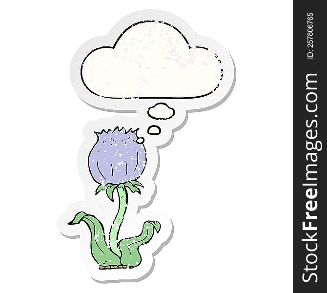 cartoon wild flower with thought bubble as a distressed worn sticker