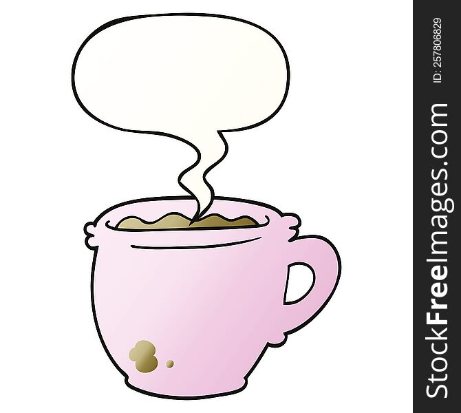 cartoon hot cup of coffee with speech bubble in smooth gradient style