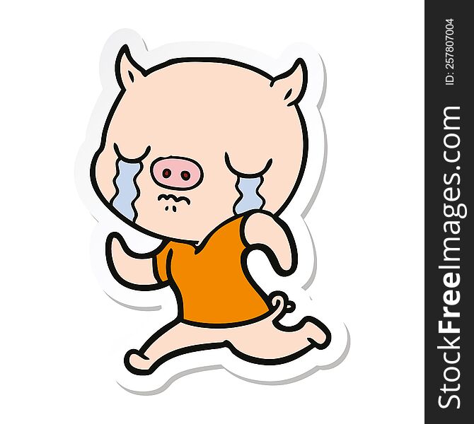 sticker of a cartoon pig crying running away