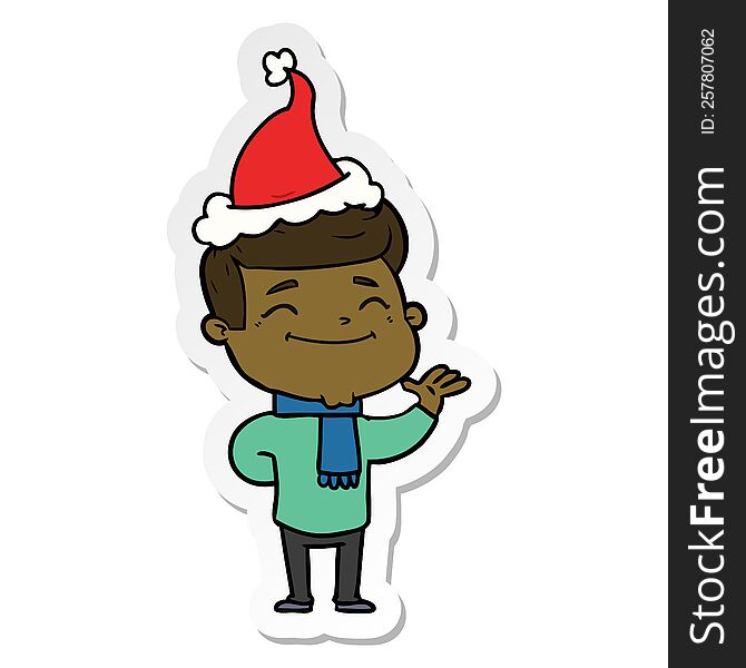 happy hand drawn sticker cartoon of a man wearing santa hat. happy hand drawn sticker cartoon of a man wearing santa hat