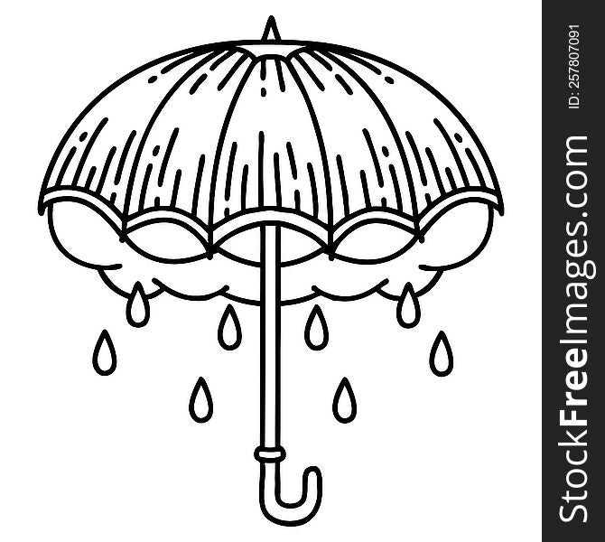 tattoo in black line style of an umbrella and storm cloud. tattoo in black line style of an umbrella and storm cloud