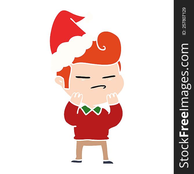 flat color illustration of a cool guy with fashion hair cut wearing santa hat