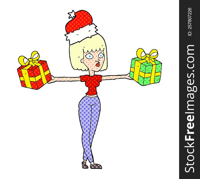 cartoon woman with xmas presents