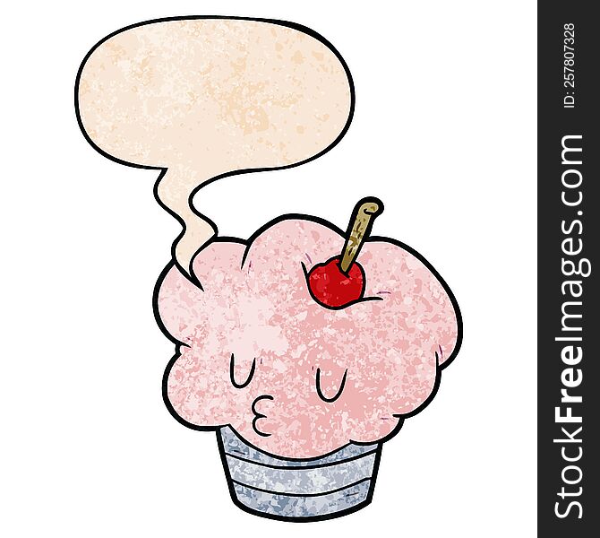 funny cartoon cupcake with speech bubble in retro texture style