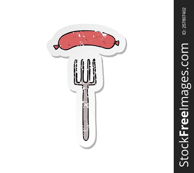 Retro Distressed Sticker Of A Cartoon Fork And Sausage