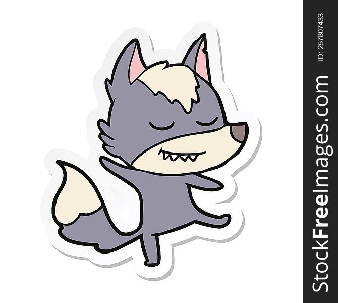 Sticker Of A Friendly Cartoon Wolf Balancing