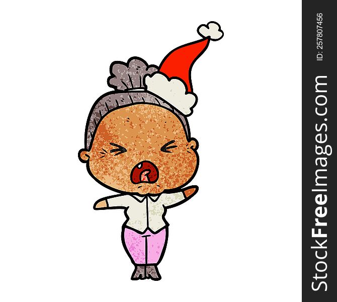 hand drawn textured cartoon of a angry old woman wearing santa hat