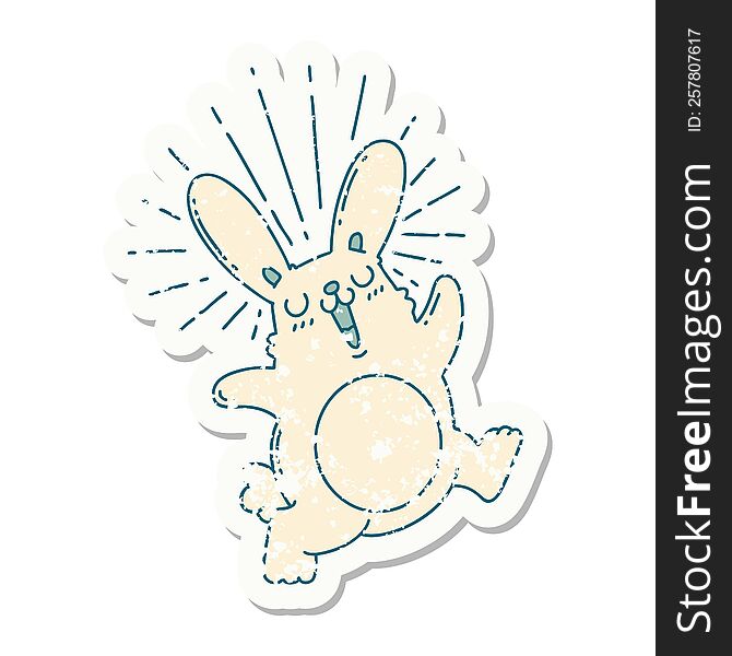 worn old sticker of a tattoo style prancing rabbit. worn old sticker of a tattoo style prancing rabbit