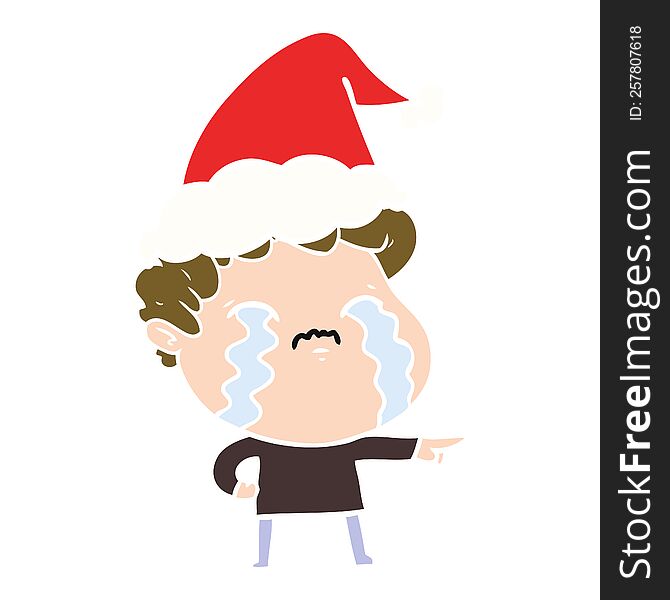 Flat Color Illustration Of A Man Crying Wearing Santa Hat