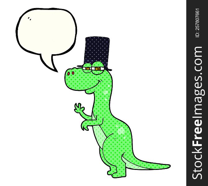 freehand drawn comic book speech bubble cartoon dinosaur wearing top hat