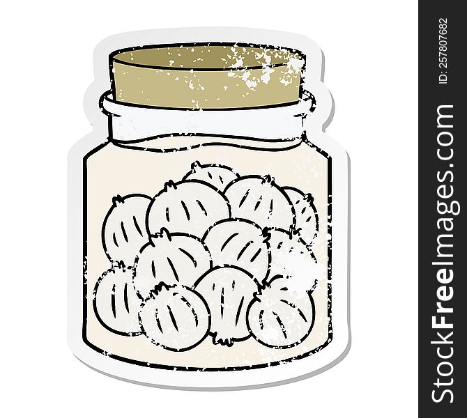 Distressed Sticker Of A Cartoon Pickled Onions