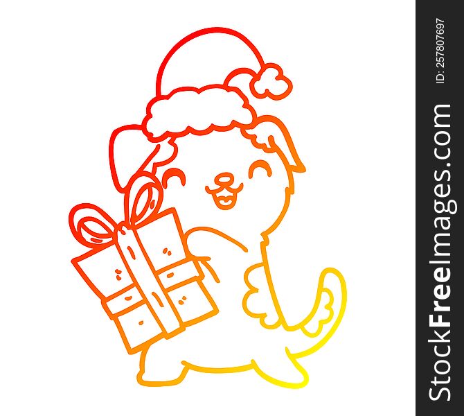 warm gradient line drawing cute cartoon puppy with christmas present and hat