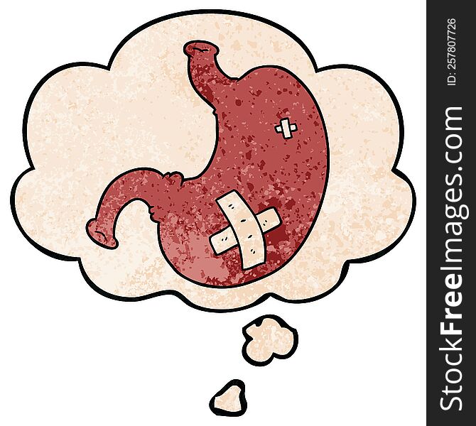 Cartoon Stomach And Thought Bubble In Grunge Texture Pattern Style