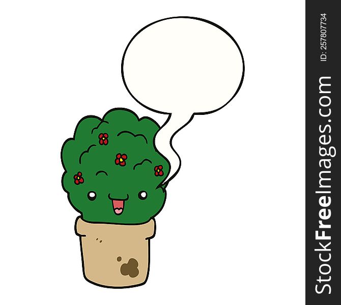 cartoon shrub in pot with speech bubble. cartoon shrub in pot with speech bubble