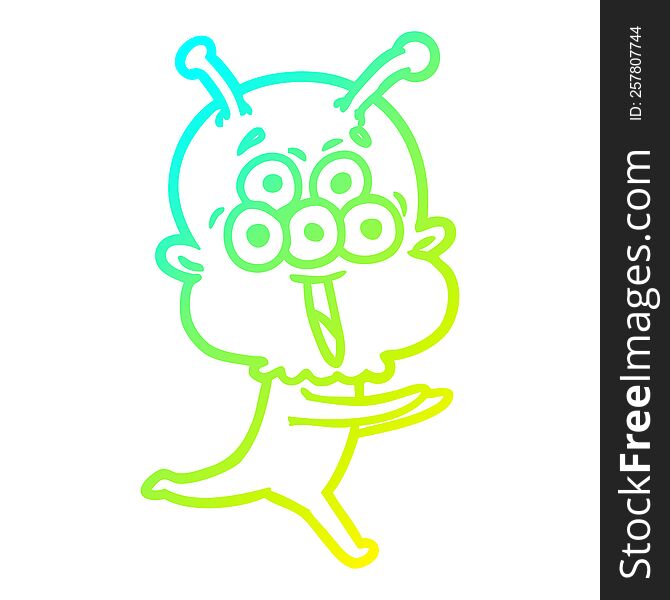 cold gradient line drawing of a happy cartoon alien running