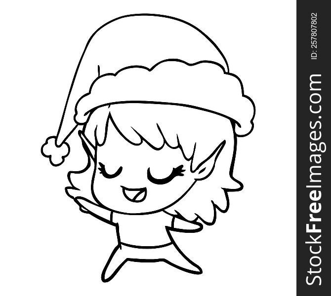 hand drawn line drawing of a happy elf girl dancing wearing santa hat. hand drawn line drawing of a happy elf girl dancing wearing santa hat