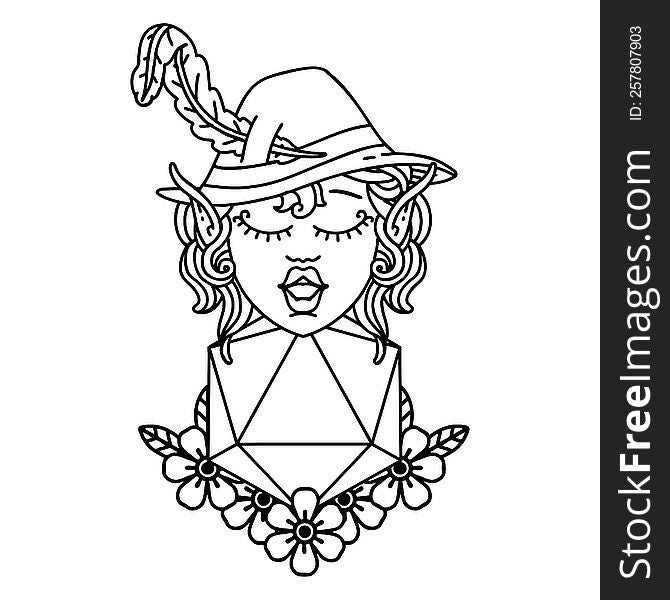 Black and White Tattoo linework Style elf bard character with natural twenty dice roll. Black and White Tattoo linework Style elf bard character with natural twenty dice roll