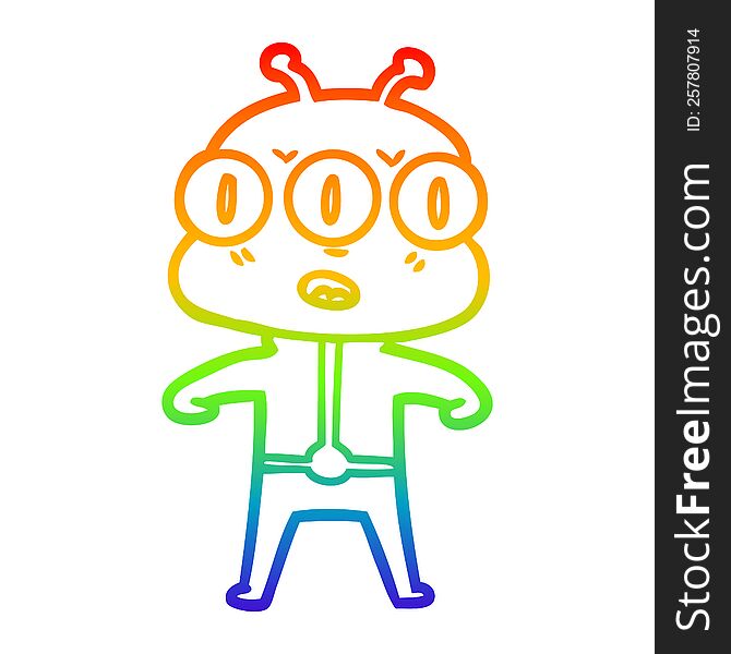 Rainbow Gradient Line Drawing Cartoon Three Eyed Alien
