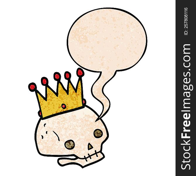 cartoon skull with crown with speech bubble in retro texture style. cartoon skull with crown with speech bubble in retro texture style