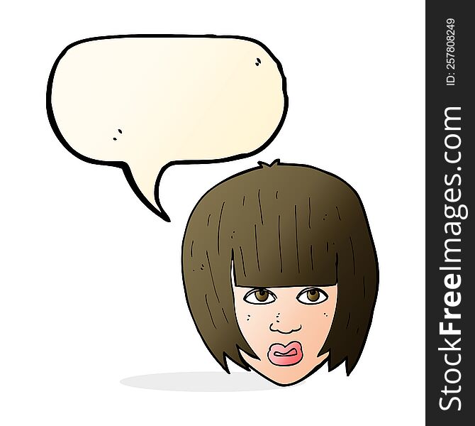 cartoon annoyed girl with big hair with speech bubble