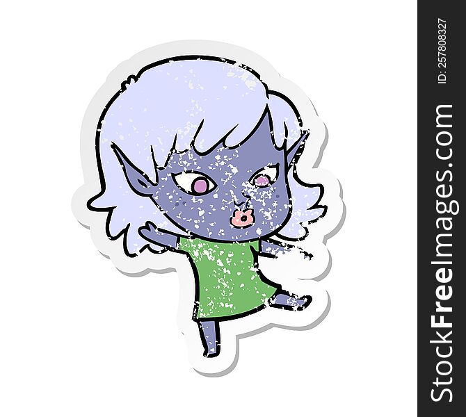 Distressed Sticker Of A Pretty Cartoon Elf Girl