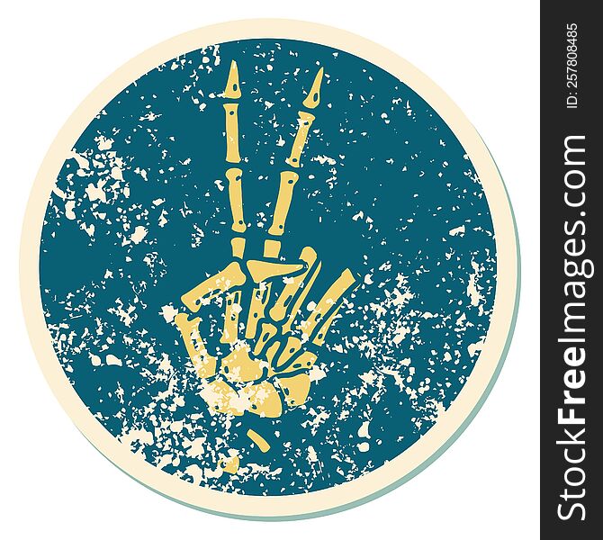 distressed sticker tattoo style icon of a skeleton hand giving a peace sign