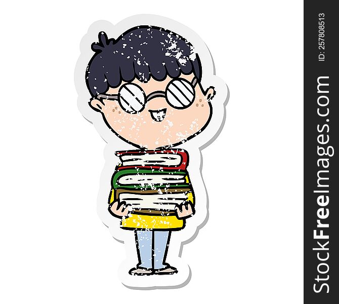 Distressed Sticker Of A Cartoon Nerd Boy With Spectacles And Book