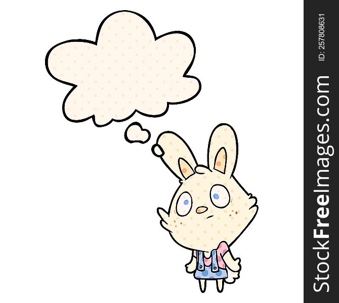 cartoon rabbit shrugging shoulders with thought bubble in comic book style