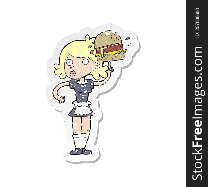 retro distressed sticker of a cartoon waitress with burger