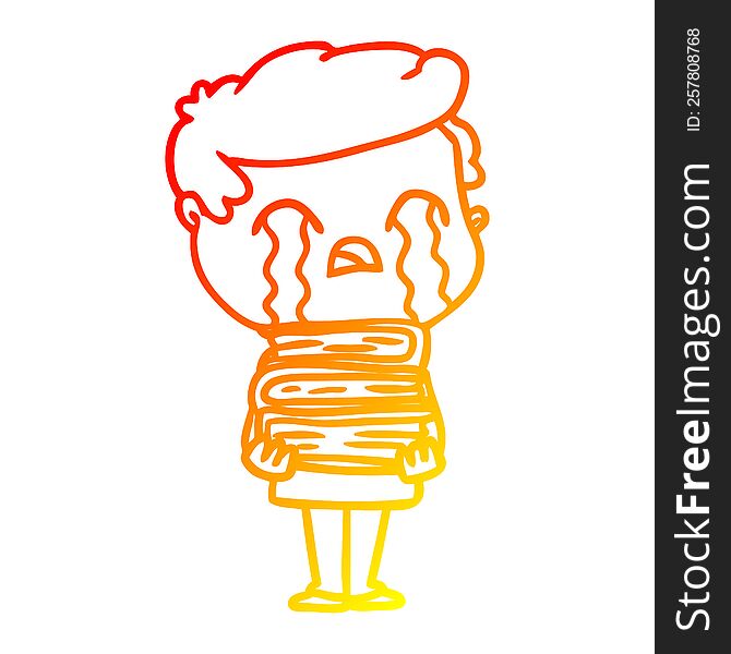 warm gradient line drawing of a cartoon man crying over stack of books