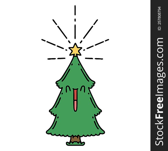 illustration of a traditional tattoo style christmas tree with star