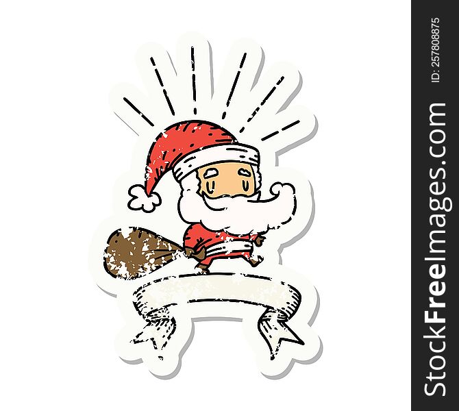 worn old sticker of a tattoo style santa claus christmas character with sack. worn old sticker of a tattoo style santa claus christmas character with sack