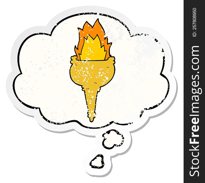 cartoon flaming torch with thought bubble as a distressed worn sticker
