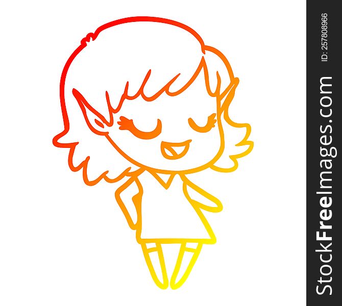 Warm Gradient Line Drawing Happy Cartoon Elf Girl