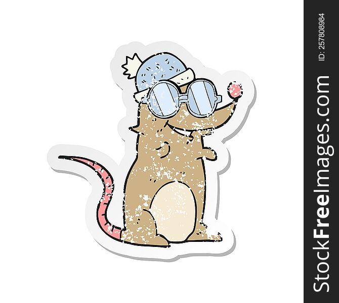 Retro Distressed Sticker Of A Cartoon Mouse Wearing Glasses And Hat