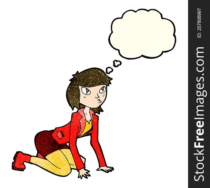 cartoon woman on hands and knees with thought bubble