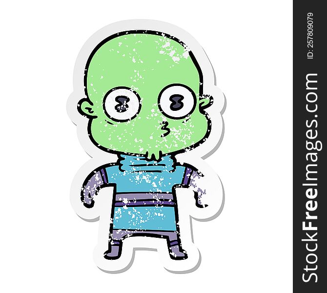 distressed sticker of a cartoon weird bald spaceman