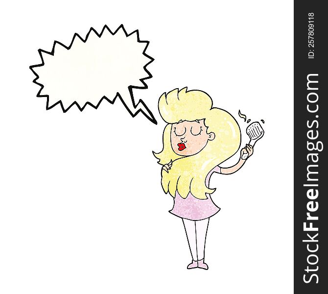 freehand speech bubble textured cartoon woman brushing hair