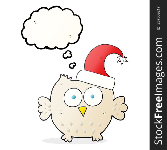 freehand drawn thought bubble cartoon little owl wearing christmas hat