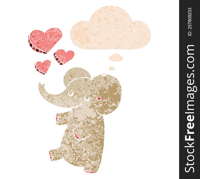 cartoon elephant with love hearts with thought bubble in grunge distressed retro textured style. cartoon elephant with love hearts with thought bubble in grunge distressed retro textured style