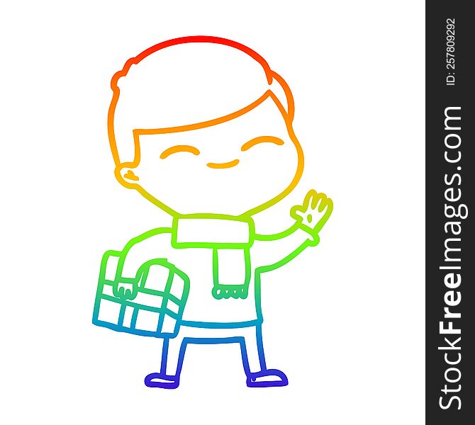 Rainbow Gradient Line Drawing Cartoon Smiling Boy With Gift