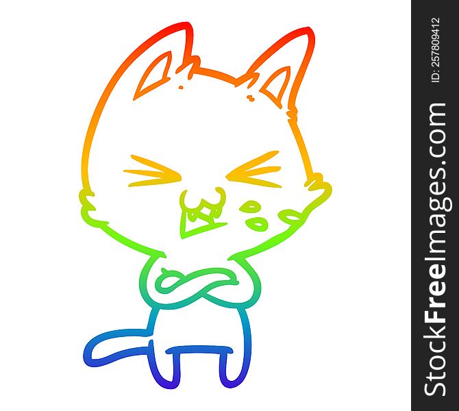 rainbow gradient line drawing of a cartoon cat with crossed arms