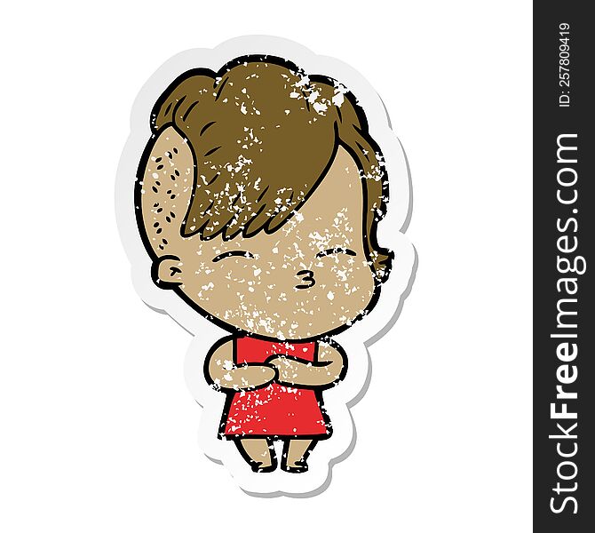 distressed sticker of a cartoon squinting girl