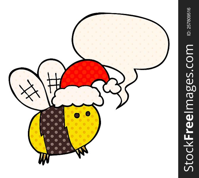 Cute Cartoon Bee Wearing Christmas Hat And Speech Bubble In Comic Book Style