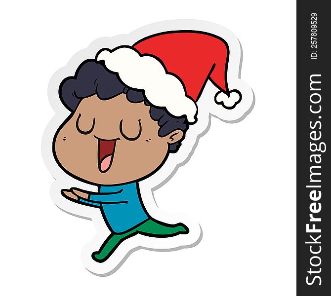 Laughing Sticker Cartoon Of A Man Running Wearing Santa Hat