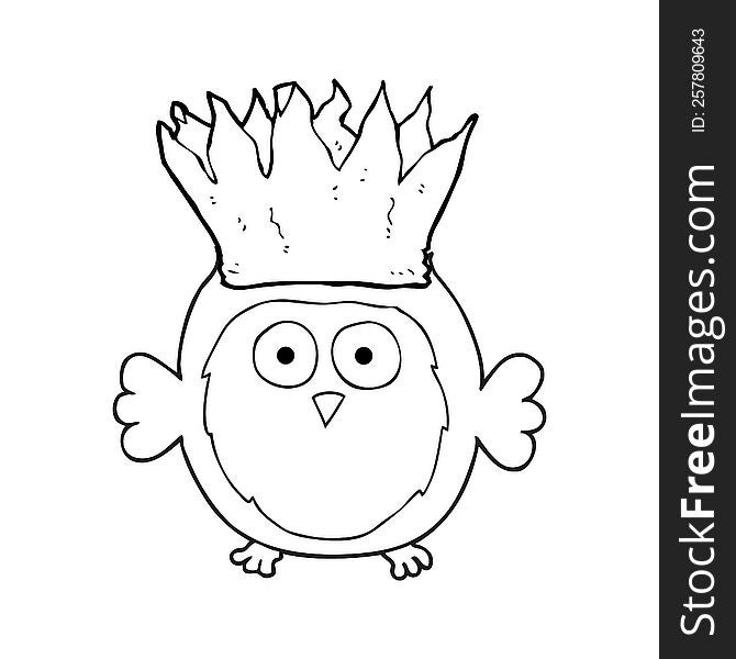 freehand drawn black and white cartoon owl wearing paper crown christmas hat