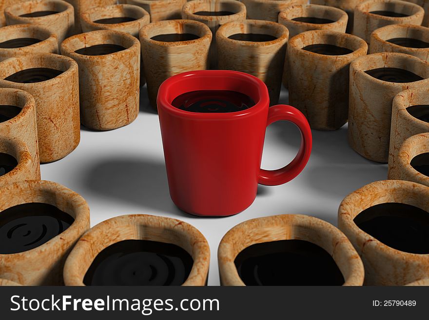 3d model rendering of red cup among dirty cups