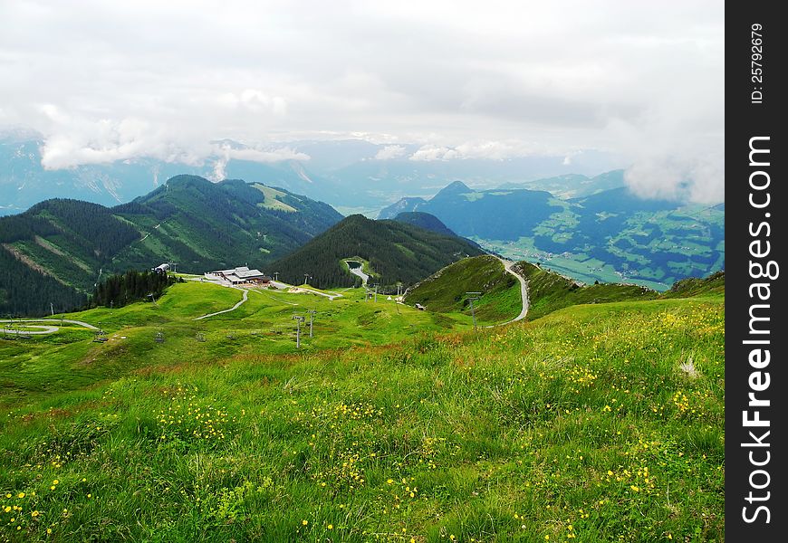 Nice view of the valley in the Tyrolean Alps on foot hike.