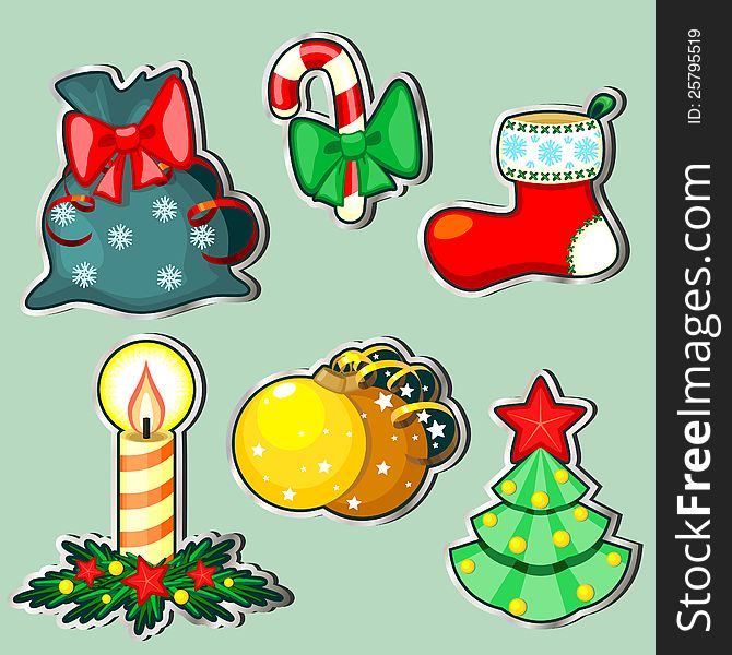 Set of six stickers with Christmas items with silver border. Set of six stickers with Christmas items with silver border